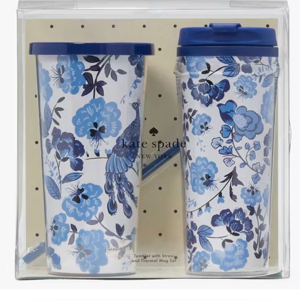 Kate Spade Blue Floral Tumbler Set peacock print